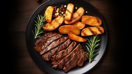 Top-down view of a plate featuring a grilled beef steak alongside potatoes, with a white background for isolation.