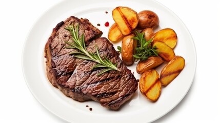 Top-down view of a plate featuring a grilled beef steak alongside potatoes, with a white background for isolation.