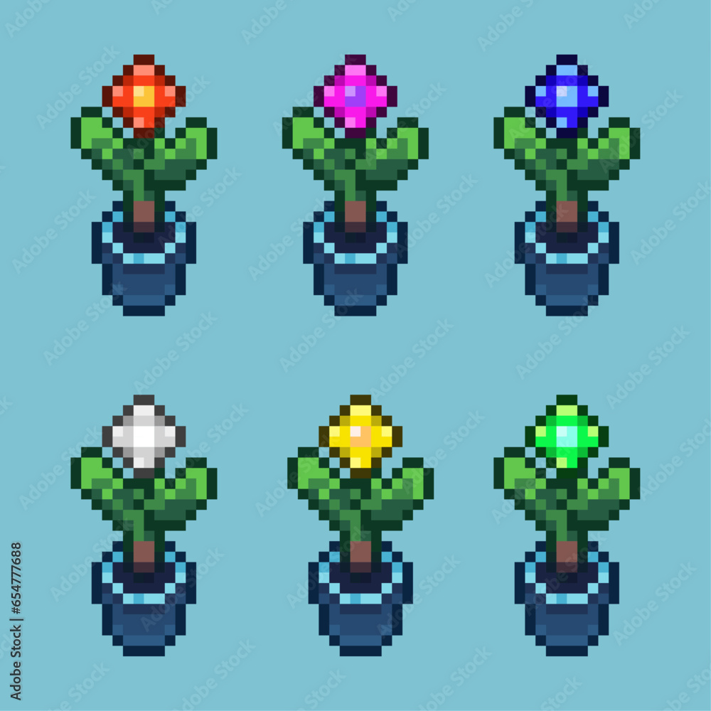 Poster Pixel art sets of plant for decoration game item with variation color item asset simple bits of plant on pixelated style 8bits perfect for game asset or design asset element for your game design asset