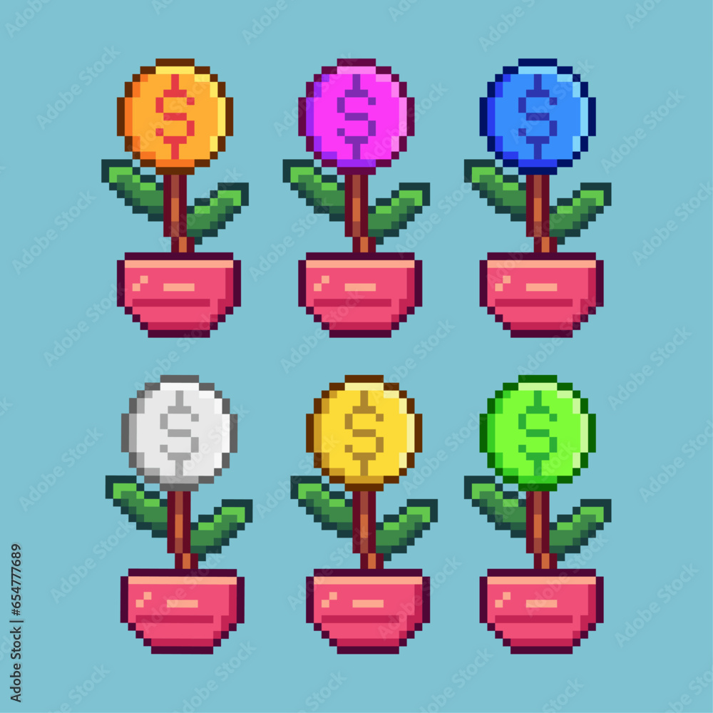 Poster pixel art sets of coin plant business with variation color item asset simple bits of coin plant deco