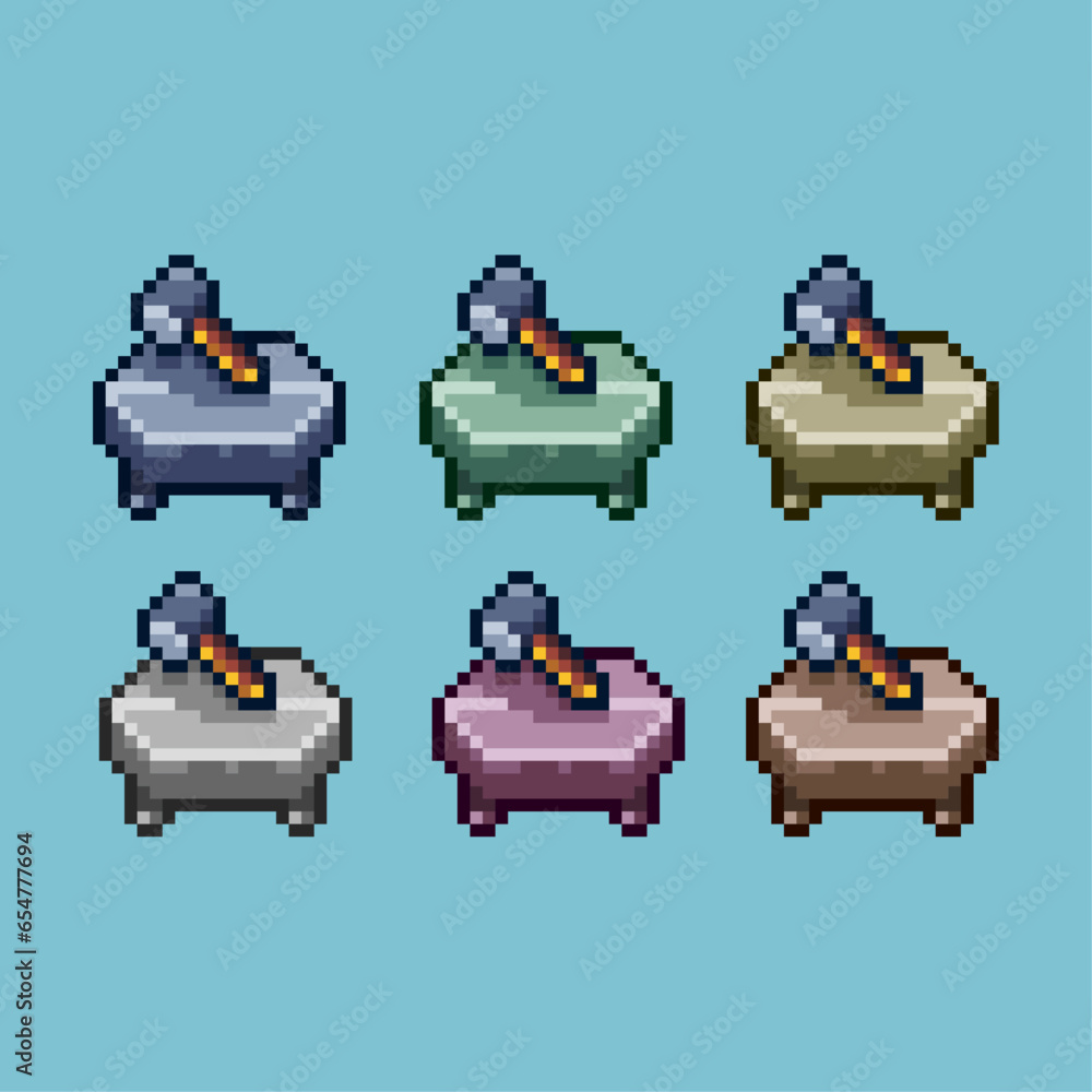 Poster pixel art sets of blacksmith tools stone with variation color item asset. simple bits of blacksmith 