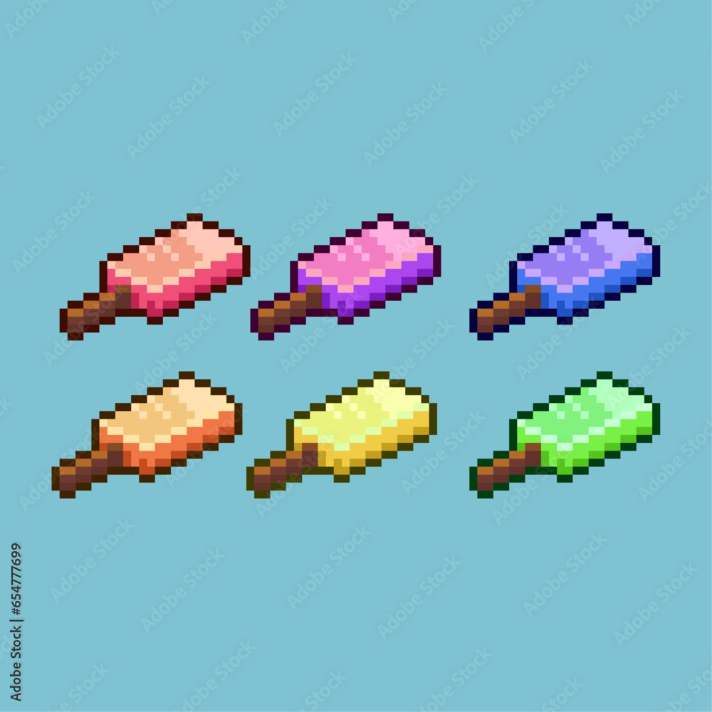 Poster pixel art sets of ice cream sweet with variation color item asset. simple bits of ice cream on pixel