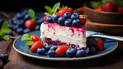 Homemade cheesecake with fresh berries and mint for dessert - healthy organic summer dessert pie cheesecake. Cheese cake