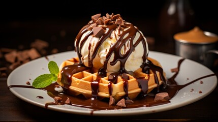 A dark gray background beautifully showcases a plate of Belgian waffles adorned with chocolate sauce and topped with a scoop of ice cream.