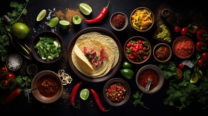 An assortment of dishes from Mexican cuisine presented against a dark background.