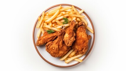 A top-down view of a plate containing fried chicken alongside French fries, set against a white background for isolation.