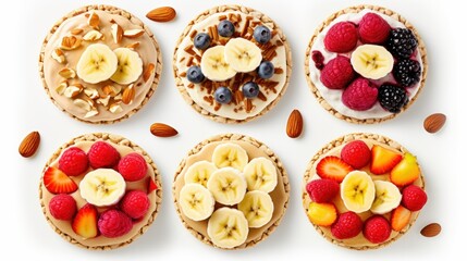 Rice cakes with nuts, banana, peanut butter, berries top view isolated on white background
