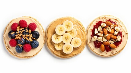 Rice cakes with nuts, banana, peanut butter, berries top view isolated on white background
