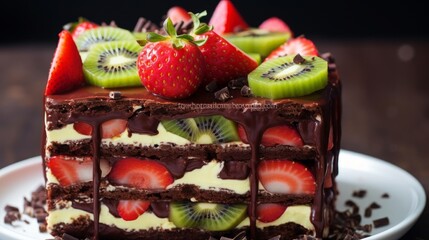 A dessert featuring a combination of strawberry and chocolate cake accompanied by kiwi.