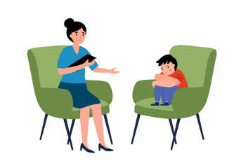 Fototapeta premium Woman psychiatrist talking to child patient. Psychological help. Children counseling.
