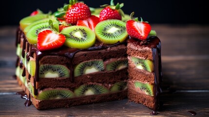 A dessert featuring a combination of strawberry and chocolate cake accompanied by kiwi.