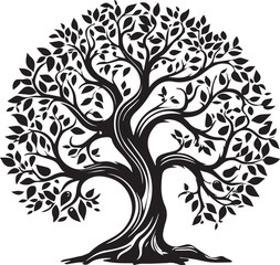 Tree with roots silhouette. Black and white tree silhouette for corporate or personal use. Simple tree vector. Tree with roots vector. Tree with leaves silhouette.