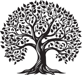 Obraz premium Tree with roots silhouette. Black and white tree silhouette for corporate or personal use. Simple tree vector. Tree with roots vector. Tree with leaves silhouette.