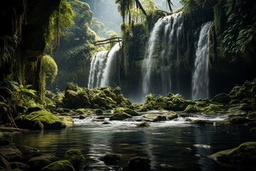 A breathtaking view of a majestic waterfall cascading down a rocky cliff in a lush rainforest
