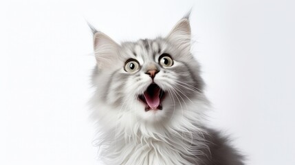 Close up portrait of cute little kitten looking up with surprised expression and open mouth on isolated white background