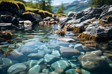 A close-up shot of the crystal-clear water of a mountain stream as it plunges over a rocky ledge, highlighting the power and beauty of nature