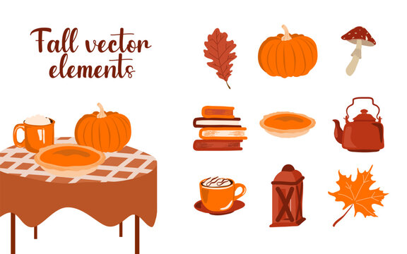 Automne cosy, ensemble d&rsquo;&eacute;l&eacute;ments vectoriels de saison tons chauds orange marron, tarte a la citrouille et chocolat chaud feuille et champignon