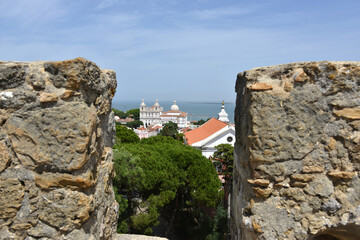 view from Sao Jorge Castle to Tejo River and Santa Cruz de Castelo Church in Lisbon