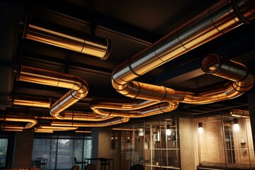 Tubes hanging from the ceiling store and condition air for ventilation, cooling, and maintaining a comfortable indoor environment. Generative AI - obrazy, fototapety, plakaty