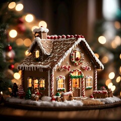 Gingerbread house with glaze standing on table with Christmas decorations, candles and lanterns bokeh lights. Holiday mood copy space.