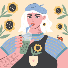 Young woman enjoying matcha tea with tapioca. Bubble tea healthy drink. Herbal organic food. Asian tea culture. Hand drawn vector illustration.