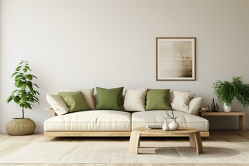 Fototapeta na wymiar Minimalist Scandinavian living room with beige walls, wooden accents, simple white sofa, and green pillows. 3D render. Generative AI