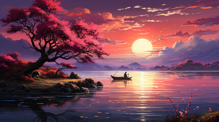 Sunset boat ride on a lake