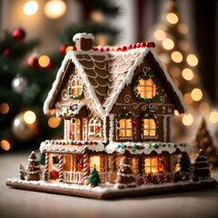 Fototapeta na wymiar Gingerbread house with glaze standing on table with Christmas decorations, candles and lanterns bokeh lights. Holiday mood copy space.