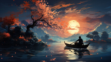 Sunset boat ride on a lake - obrazy, fototapety, plakaty