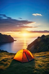 wild camping in the Lofoten islands. camping tent among mountains. sunset over a camping spot behind the Polar Circle. Panorama of the perfect landscape during the midnight sun