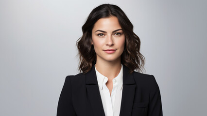 portrait of a 30 year old businesswoman looking forward with an optimistic expression, clean skin, without wrinkles, wearing formal work clothes, with a clipboard in her hand, white background