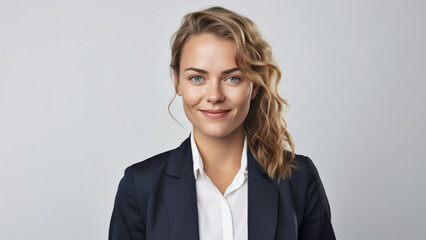 portrait of a 30 year old businesswoman looking forward with an optimistic expression, clean skin, without wrinkles, wearing formal work clothes, with a clipboard in her hand, white background - obrazy, fototapety, plakaty