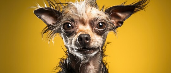 Ugly dog chihuahua portrait, puppy studio portrait, yellow background - obrazy, fototapety, plakaty
