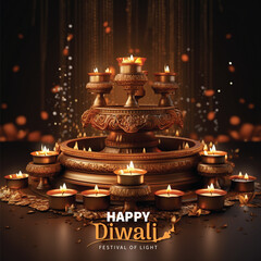 Fototapeta na wymiar Happy Diwali greetings. Diwali Celebration. Rangoli decoration with Diya or Lit Oil Lamps.