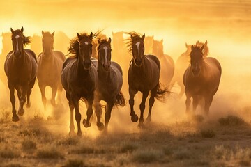 A group of untamed horses run across an open grassland, stirring up dust, beneath a setting sun. Generative AI - obrazy, fototapety, plakaty