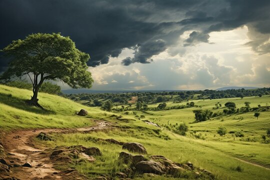 Hillside with stormy clouds, vibrant sudangrass, trees, and dramatic skies in the background. Generative AI