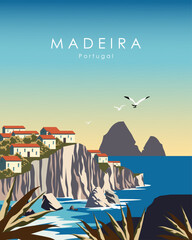 Madeira Portugal travel poster banner postcard. - obrazy, fototapety, plakaty