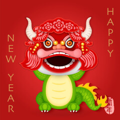 Chinese new year of cute cartoon dragon with dragon lion dance costume. Chinese translation : New year
