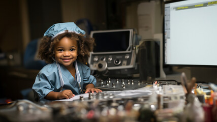 Fototapeta na wymiar Kleines Süßes Kind lacht und ist als Arzt verkleidet im Querformat, ai generativ