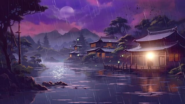 Fantasy storm rain landscape on Japanese anime drawing style. Rainy season looping 4k animation video