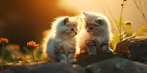 Foto op Plexiglas Couple of cats sitting on top of a lush green field, Two cats in the grass, Adorable Kitty Cat in flower garden with beautiful sunset light, AI Generated © Muhammad