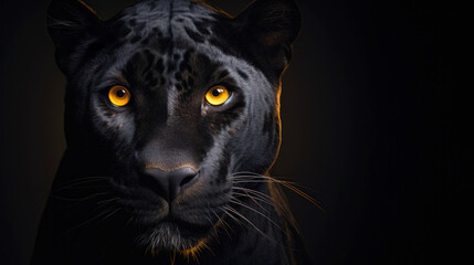 Front view of a Panther on black background. Wild animals banner with copy space. Predator series. digital art.