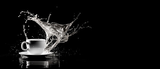 Cup of coffee with splashes of water on a black background with copy space.