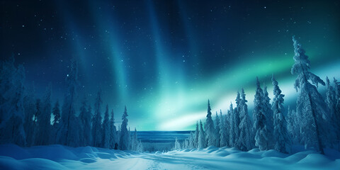 Night terrestrial landscape with aurora northem lights in the sky, Idyllic Winter Night, Aurora borealis northern lights in winter forest sky with polar lights and stars , generative Ai