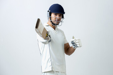 Indian cricketer lifting cricket bat towards the camera and celebrating his century, cricket concept