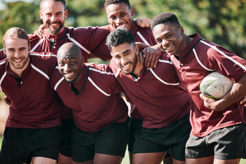 Portrait, men and rugby with smile while standing, together and happiness for victory. Team, young and boys for sports for bonding with exercise, fitness or winning of game, tournament or practice - Powered by Adobe