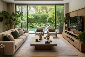 Fototapeta premium Transform your living room into a stylish, contemporary oasis with organic, nature-inspired decor, inviting furniture, and serene plants, creating a cozy