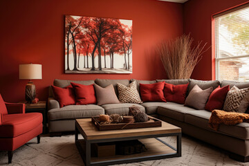 Step into a warm and inviting modern living room bathed in brick red colors, creating a cozy retreat with stylish lighting, a fireplace, and cozy seating, complemented by accent pieces, plants