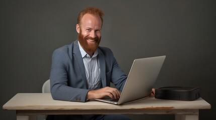 business man with beard doing some work on his laptop, in the style of light gray and amber, harriet backer, uniformly staged images, smilecore, zbrush, raw authenticity, sharp and clever humor