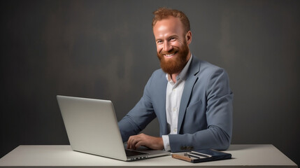 male businessman smiling with a laptop, in the style of dark gray and amber, appropriation artist, exaggerated features, iso 200, manapunk, transfer, danish design - obrazy, fototapety, plakaty